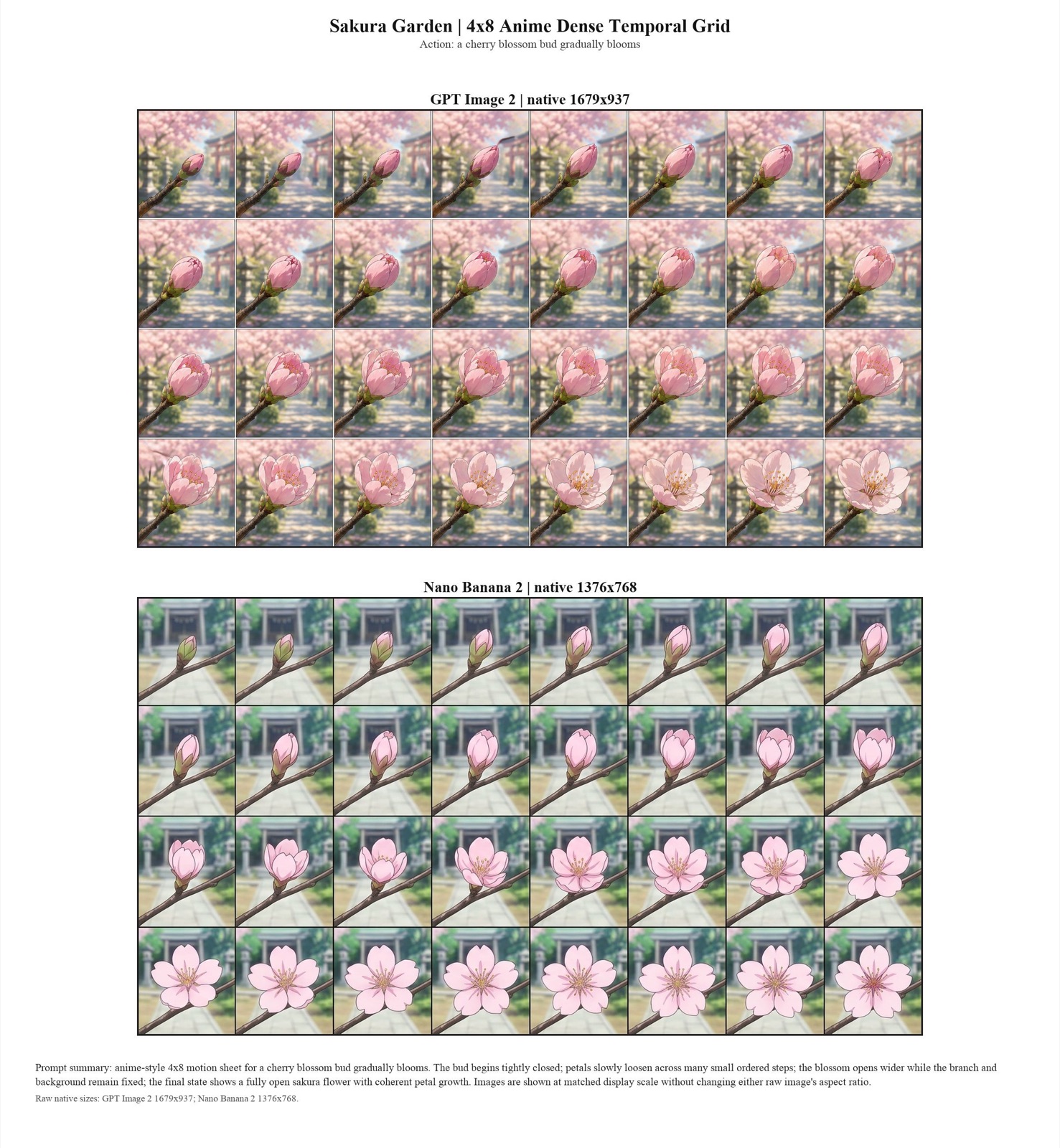 A cherry blossom bud gradually blooming across a 4x8 temporal grid