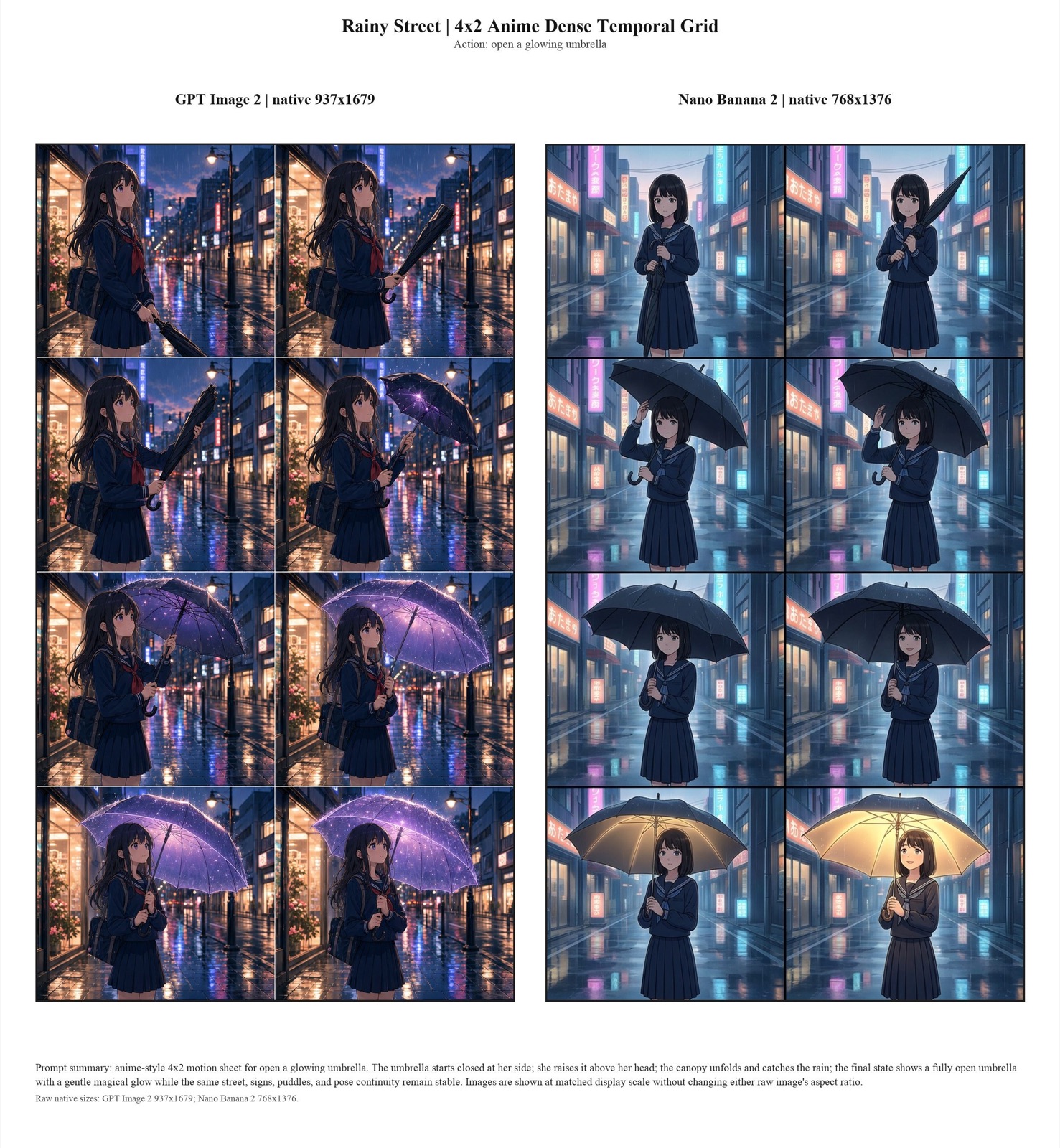 Opening a glowing umbrella on a rainy street, consistent across frames