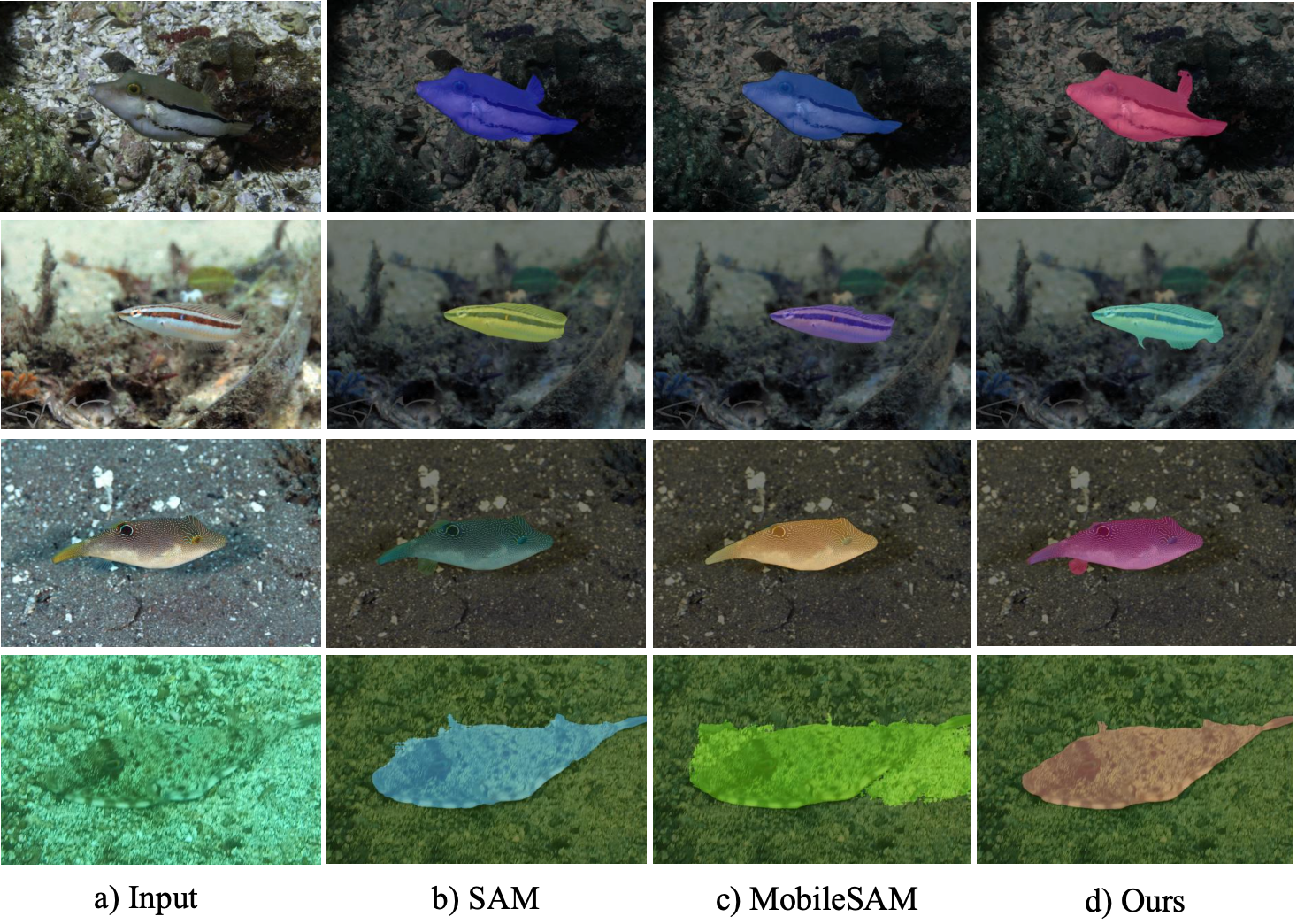Qualitative segmentation comparison across underwater scenarios for input, SAM, MobileSAM and our method